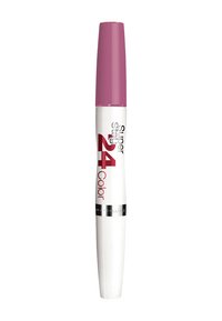 Produit de couleur pour les lèvres avec un corps blanc et un capuchon violet. Présente un texte en gras indiquant "Super Stay 24 Color" en rouge et noir.