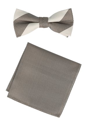 Brown and beige patterned bow tie paired with a matching brown textured pocket square on a white background.