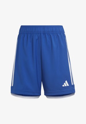 Blauwe sportshorts met een elastische tailleband, witte zijkanten en een Adidas-logo aan de onderzijde rechts. Gemaakt van lichtgewicht polyester.