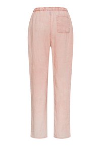 Lichtroze linnen broek met elastische tailleband en een enkele achterzak aan de rechterkant, rechte pijpen.