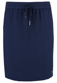 Jupe bleu marine longueur genou avec taille élastique et cordon de serrage à l'avant avec embouts métalliques, avec une petite étiquette logo métallique près de l'ourlet.