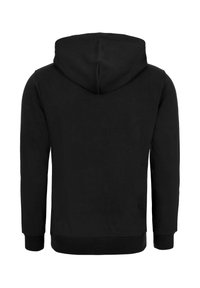 Zwarte hoodie van katoen, met een trekkoordcapuchon, lange mouwen en ribgebreide boorden en onderkant. Soepele textuur, eenvoudig ontwerp.