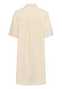 Košeľové šaty s krátkym rukávom v svetlej béžovej látke s golierom, detailom na zadnom dielu a rovný strih, s hladkou textúrou a minimalistickým dizajnom.
