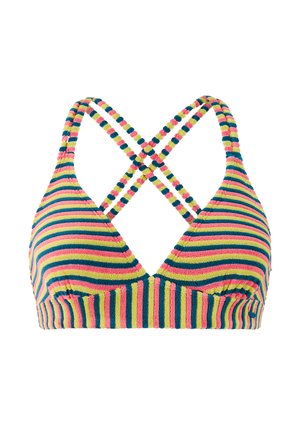 Haut de bikini rayé avec tissu texturé en rose, vert, jaune et bleu, doté de bretelles croisées sur les épaules et d'une bande côtelée sous la poitrine.