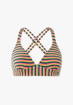 Gestreept bikinibovenstuk met een gestructureerde stof in roze, groen, geel en blauw, voorzien van gekruiste schouderbandjes en een geribbelde onderband.