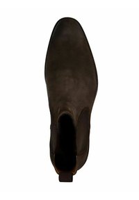 Botte Chelsea en cuir marron foncé avec une texture lisse, bout rond, panneaux latéraux élastiques et une languette au talon pour un enfilage facile.