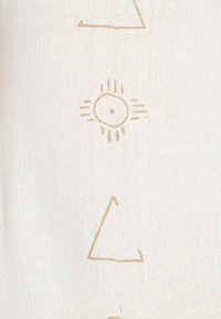 Cotton fabric featuring a cream background with subtle beige geometric patterns, including triangles and circular sun motifs.