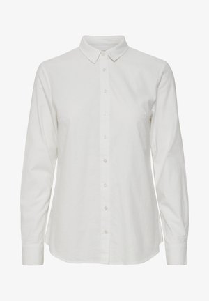 Chemise blanche à manches longues en coton, avec un col pointu et un ourlet droit. Dispose d'une fermeture à boutons à l'avant avec des boutons assortis.