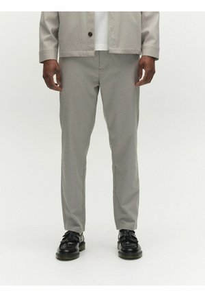 Man wearing light gray tailored pants, black tassel loafers, and a matching light gray jacket over a white shirt, standing against white background.