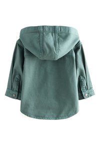Veste verte à capuche à manches longues pour tout-petit avec poignets boutonnés et dos uni, présentée à plat vue de dos.