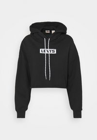 Hoodie nero corto con logo bianco Levi's sul petto e cordini bianchi, con maniche lunghe e cappuccio.