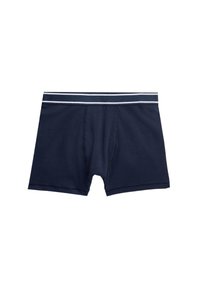 Marineblå bomulds-boxerbriefs med en hvid accentstribe på den elastiske talje. Har et synet forfra design og en glat tekstur.