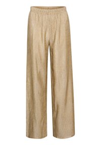 Złote, szerokie spodnie z pionowym prążkowanym wzorem, elastycznym paskiem w talii i luźnym krojem, wykonane z lekkiego, błyszczącego materiału.