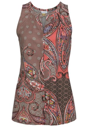 Haut femme sans manches avec un col rond, présentant des motifs mixtes paisley et floraux dans des nuances de rose, marron, violet et gris.