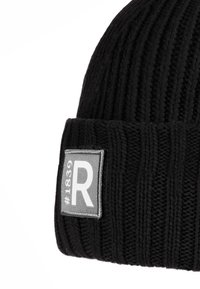 Black ribbed knit beanie with a folded cuff featuring a gray rectangular patch labeled "#11839 R" in white text.