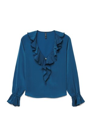 Blouse bleu sarcelle à manches longues avec encolure en V volantée et poignets volantés, en tissu lisse avec un petit bouton décoratif au col.