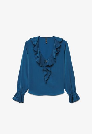 Blouse bleu sarcelle à manches longues avec encolure en V volantée et poignets volantés, en tissu lisse avec un petit bouton décoratif au col.