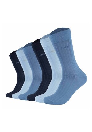 Sechs Paar gerippte Knöchelsocken in abwechselnden Tönen von Marineblau und Hellblau, jeweils mit umgeschlagenem Bündchen und dezentem Logo nahe der Oberseite.