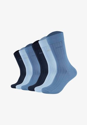 Six pairs of ribbed crew socks in alternating shades of navy and light blue, each with a folded cuff and subtle logo near the top.