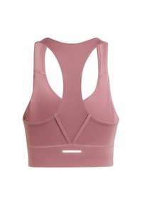 Sostén deportivo rosa con diseño de espalda nadadora, tela suave y construcción sin costuras, con un acento reflectante en la banda.