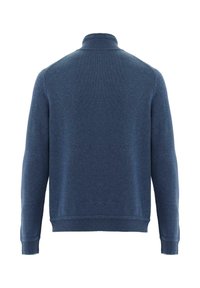 Dunkelblauer Pullover für Herren, Strickstoff, hoher Kragen, gerippte Bündchen und Saum, glatte Texture, schlichtes Design, keine sichtbaren Muster.