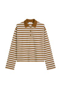 Gestreepte langärmelige poloshirt in bruin, wit en lichtblauw. Heeft een kraag en een geplooide sluiting met drie knopen. Zachte stoftextuur.