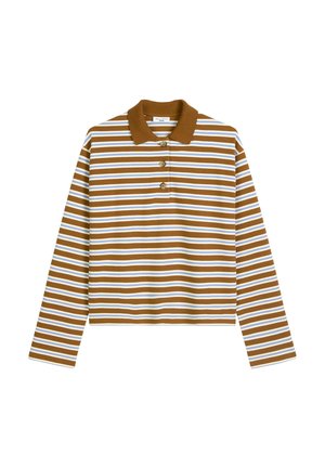 Gestreepte langärmelige poloshirt in bruin, wit en lichtblauw. Heeft een kraag en een geplooide sluiting met drie knopen. Zachte stoftextuur.