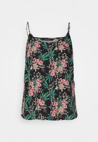 Camisola floral com alças ajustáveis. Fundo preto, com flores cor-de-rosa e folhas verdes. Tecido leve, corte descontraído.
