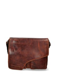 Borsa a tracolla in pelle marrone con chiusura a pattina, caratterizzata da una texture liscia, bordo curvo e tasca frontale per lo stoccaggio.