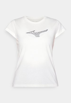 White cotton t-shirt with short sleeves, featuring a black line-art design of a logo on the chest. Classic crew neckline, soft texture.