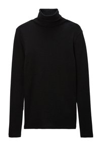 Pull en col roulé noir, à manches longues, en tissu texturé. Présente un col ajusté, sans motifs ni détails matériels visibles.