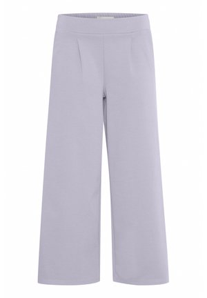 Svetlo sivorjavi široki hlače iz mehkega blaga z gladko teksturo. Imajo elastičen pas in sprednje gube.