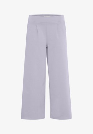 Svetlo sivorjavi široki hlače iz mehkega blaga z gladko teksturo. Imajo elastičen pas in sprednje gube.