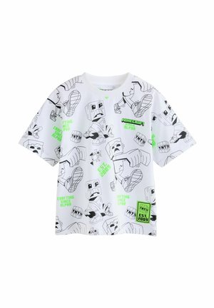 T-shirt bianca in cotone con grafiche a tema Minecraft in nero e verde neon, inclusi personaggi a blocchi e frasi, maniche corte e collo rotondo.