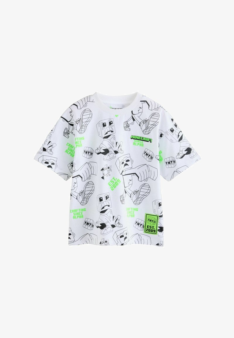 Witte t-shirt met korte mouwen, voorzien van verschillende zwarte en groene ontwerpen van Minecraft-personages, met tekst en een label in de onderste hoek.