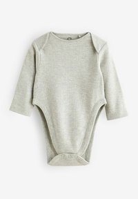 Langærmet grå ribbet bodysuit med trykknapper nederst og rund hals. Blødt strikkemateriale med subtil tekstur.