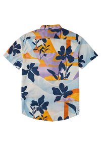 Camicia a maniche corte in cotone azzurro chiaro con motivi geometrici multicolore e accenti floreali in blu navy, arancione e lavanda.