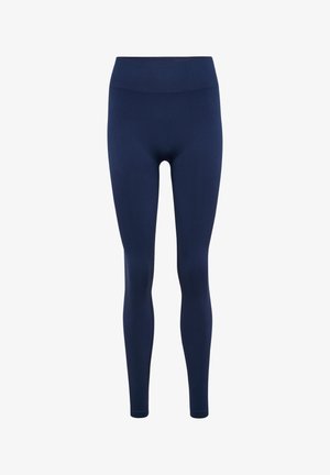 Marineblaue nahtlose Leggings mit hoher Taille und enganliegendem Schnitt in voller Länge, entworfen für sportliche oder legere Kleidung.
