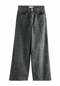 Weit geschnittene graue Denim-Hose mit einem schwarzen Leopardenmuster, Knopfverschluss und zwei vorderen Taschen. Glatte Textur.