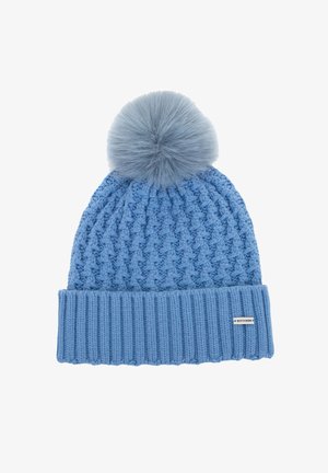 Jasnoniebieska dziana czapka z mankietem ściągającym i puszystym pomponem na szczycie. Posiada fakturowane wzory na całej tkaninie.