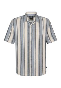 Chemise à manches courtes avec boutons, rayures verticales bleues, beiges et gris foncé, dotée d'un col à revers et d'un tissu texturé.