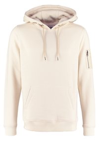 Crèmekleurige hoodie met koordjes, een voorste kangoeroezak en een ritszak op de mouw. Zachte stof met ribbels bij de mouwen en onderrand.