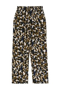 Pantaloni con stampa leopardata in una palette di colori nera, marrone e crema. Realizzati in un tessuto leggero, presentano una vita elastica per garantire comfort.