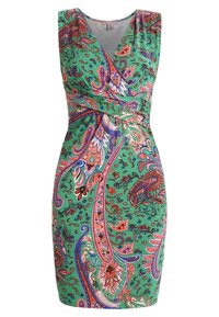Grön paisleymönstrad klänning med V-hals, ärmlös design och en figursydd silhuett, med intrikata mönster i rosa, blå och röda nyanser.