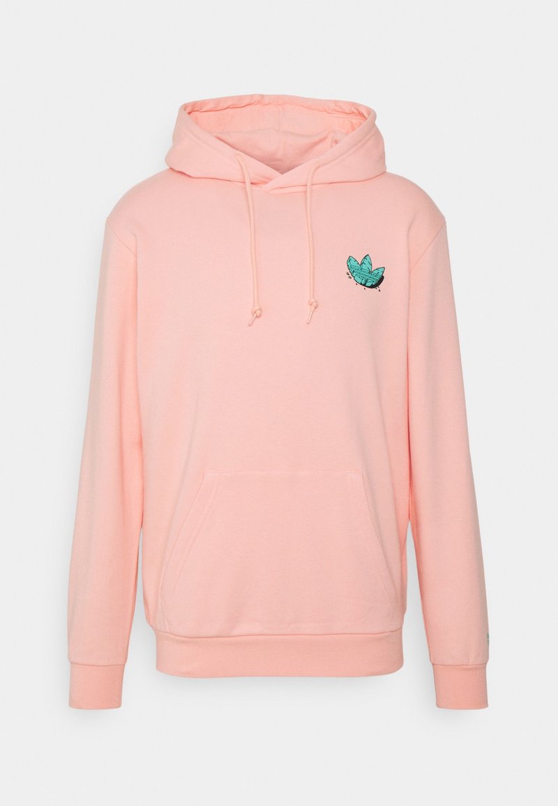 Rosa hoodie med framficka, justerbar dragsko i huvan och en turkos lövdesign på vänster bröst. Mjukt material och avslappnad passform.