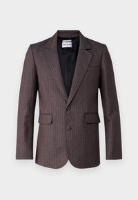 Bruine gestreepte blazer met een geknipt revers, twee voorzakken, sluiting met één knoop en een gladde zwarte voering. De stof is gebreid.