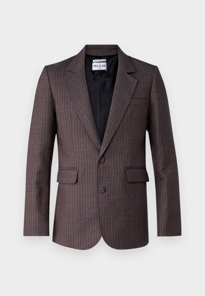 Brown striped blazer with a notched lapel, two front pockets, single-button closure, and a smooth black lining. Fabric is textured.