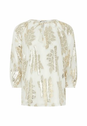 Witte blouse met lange mouwen en gouden metalen bladpatronen, losse pasvorm, elastische manchetten en een kraag met lint en kwastjes.