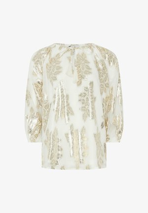 Witte blouse met lange mouwen en gouden metalen bladpatronen, losse pasvorm, elastische manchetten en een kraag met lint en kwastjes.