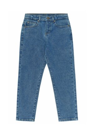 Blaue Jeans mit hoher Taille und geradem Bein, vorne mit Knöpfen und Reißverschluss, Gürtelschlaufen und Fünf-Taschen-Design vor weißem Hintergrund.